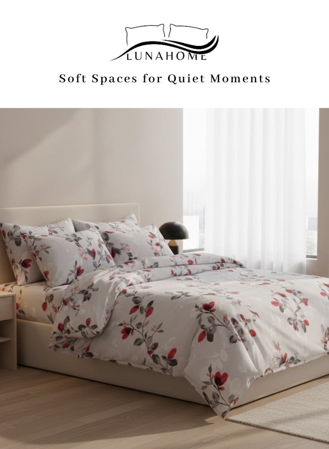 LUNA Home King size 6-piece modern set (1 Duvet cover - 220*240cm. 1 Fitted sheet - 200*200cm+30cm. 4 Pillow covers - 50*75cm. ), bedding set without filler with red leaf pattern. - Image 1